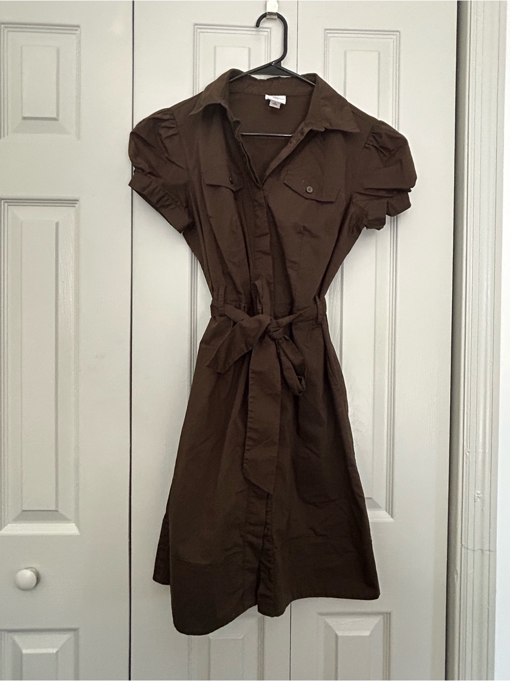 Worthington Chocolate Brown Puff-Sleeve Belted Midi Shirt Dress